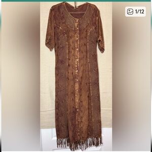 Vintage MAGIC mineral wash button front embroidered fringe dress
